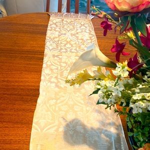 Beautiful Gold Table Runner with Ornate Scrollwork and Braided Tassels